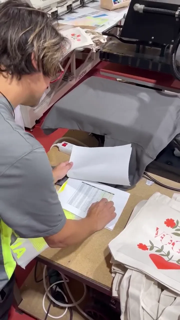 Operario preparando una prenda y su diseño junto a la prensa