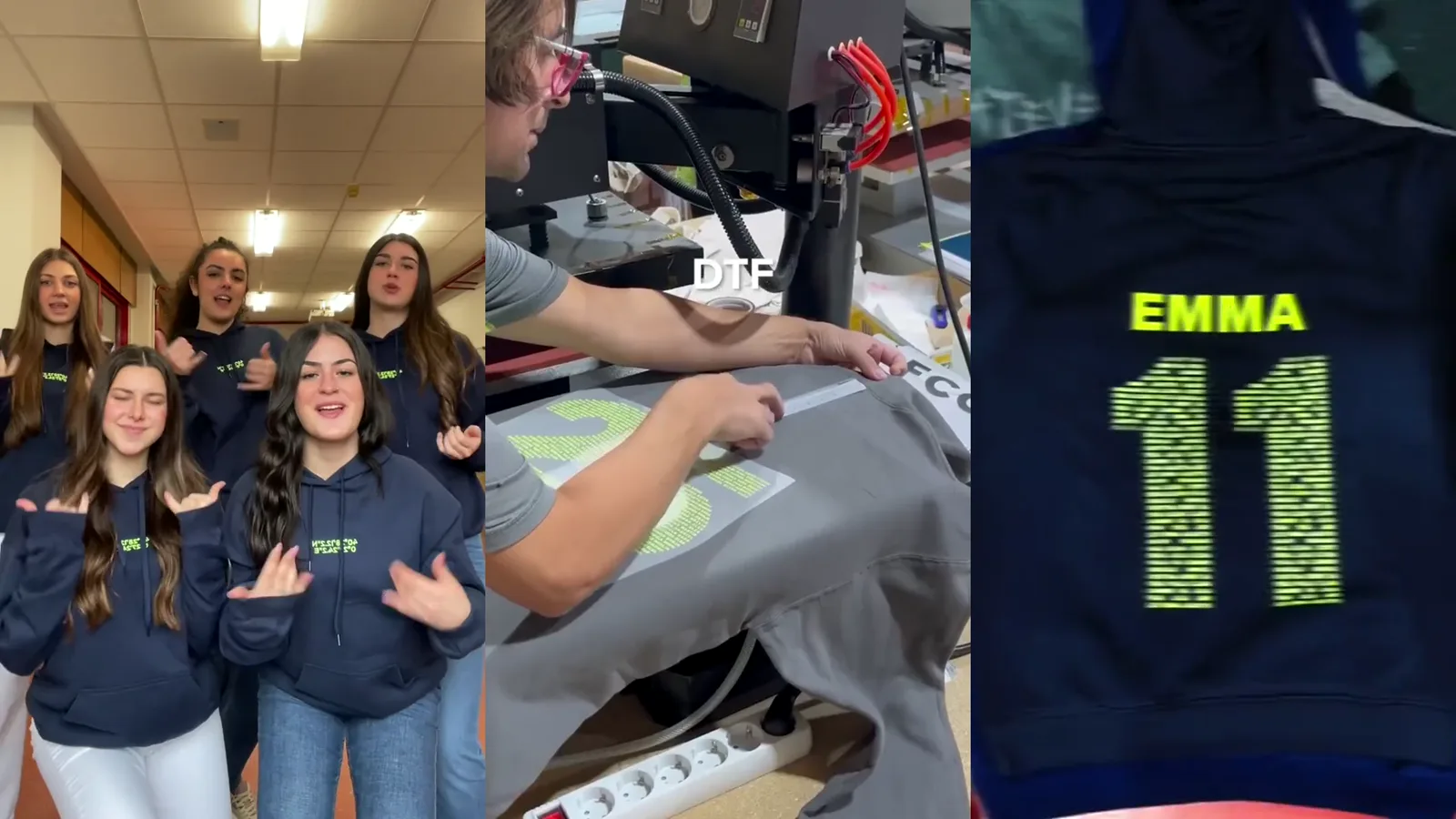 Grupo con sudaderas, aplicación DTF y detalle de un dorsal con nombre